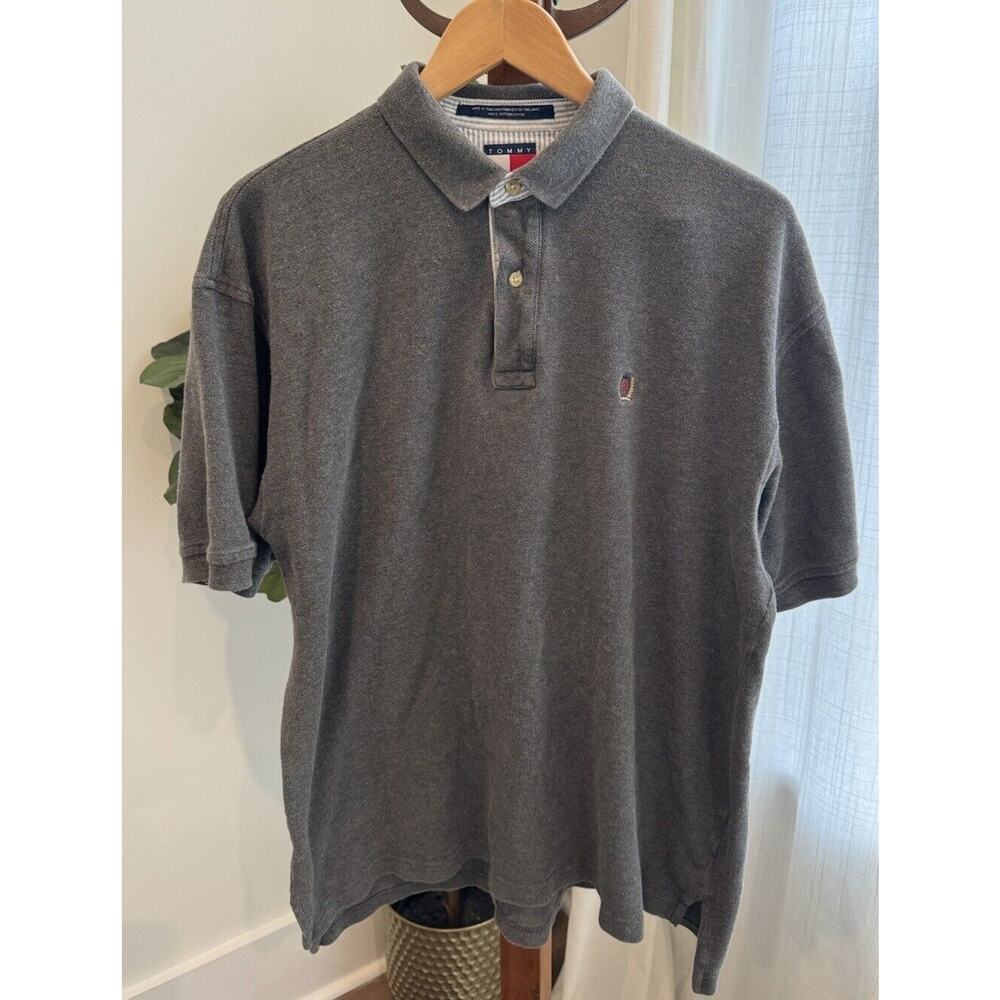Vintage 90s Tommy Hilfiger Polo Shirt Large Light Gray Big Flag Casual Cotton